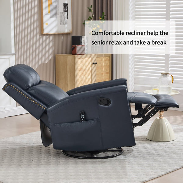 English Elm Blue Genuine Leather Rocker Swivel Recliner with Massage Heat for Living Room W1803P323714