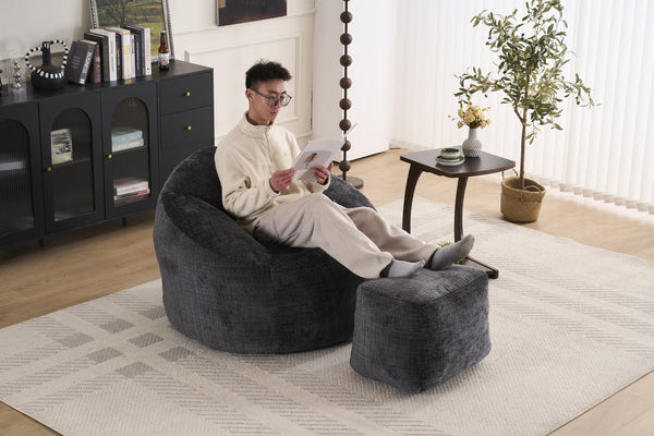 English Elm Foam Memory Foam Bean Bag Chair with Plush Chenille Cover, Large 42" Round Comfortable Lounger Black W2915P283417