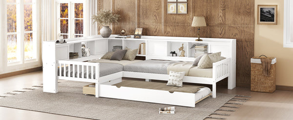 English Elm L-shaped Twin Platform Bed with Trundle, Solid Wood Corner Sleeper with Drawers, Shelves, No Box Spring Needed White W1580S00259