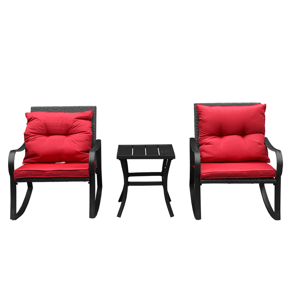 English Elm Metal Outdoor 2-Person Rocking Patio Set with Handwoven Wicker, Plush Cushions & Sturdy Table Red W1859P399566
