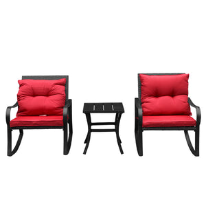 English Elm Metal Outdoor 2-Person Rocking Patio Set with Handwoven Wicker, Plush Cushions & Sturdy Table Red W1859P399566