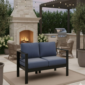 English Elm 50" Cast Aluminum Outdoor Loveseat with Uv Resistant Olefin Cushions for Patio Decks Black+Blue B082P454971