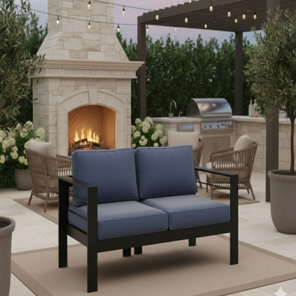 English Elm 50" Cast Aluminum Outdoor Loveseat with Uv Resistant Olefin Cushions for Patio Decks Black+Blue B082P454971