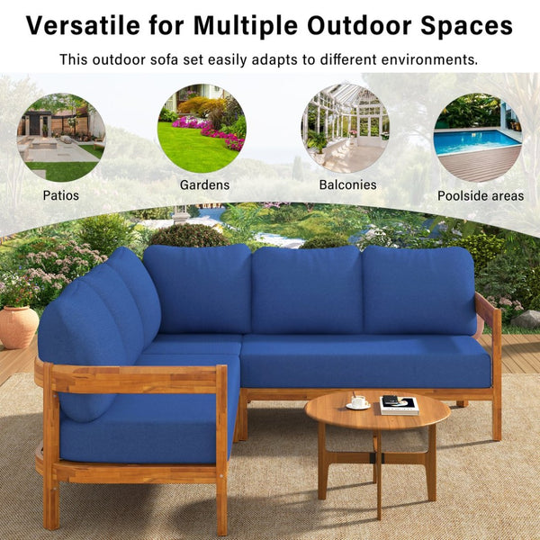English Elm U_style Acacia Wood Outdoor L Shaped Corner Sofa Set with Arc Frame and Cushions Blue WY000481AAC