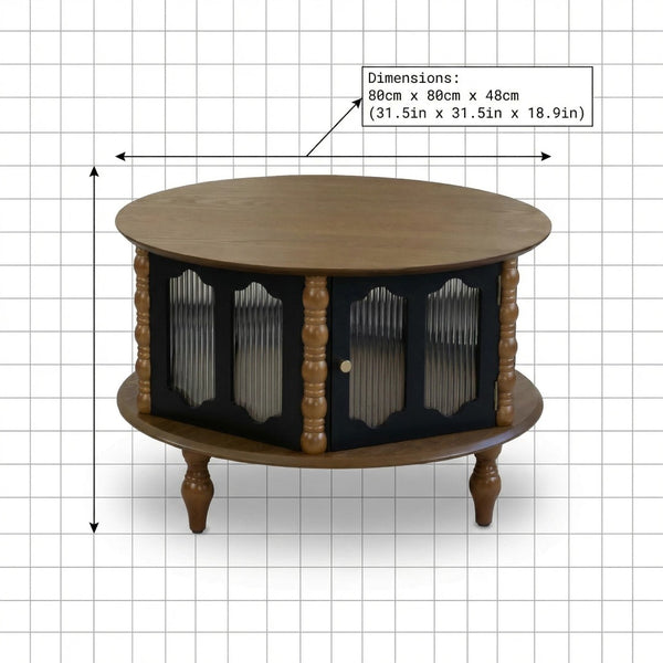 English Elm 31.5-inch Round Carved Wood Coffee Table Vintage Distressed Finish Living Room Accent W3935P406107