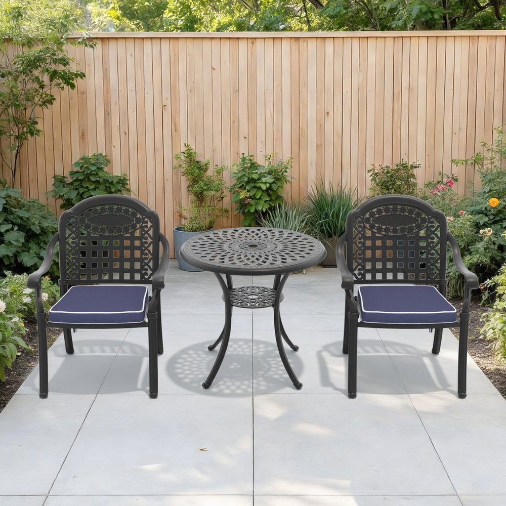 English Elm 3-piece Cast Aluminum Outdoor Bistro Set with Ornate Petal Detailing and Cushioned Chairs W1710S00625