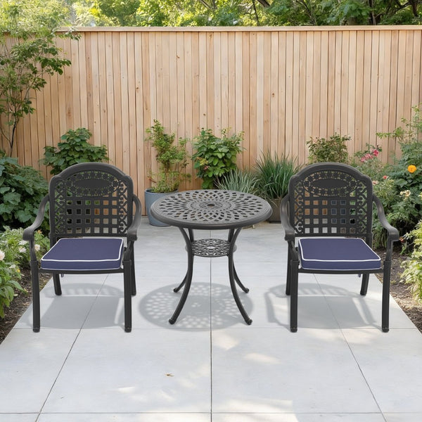 English Elm 3-piece Cast Aluminum Outdoor Bistro Set with Ornate Petal Detailing and Cushioned Chairs W1710S00625