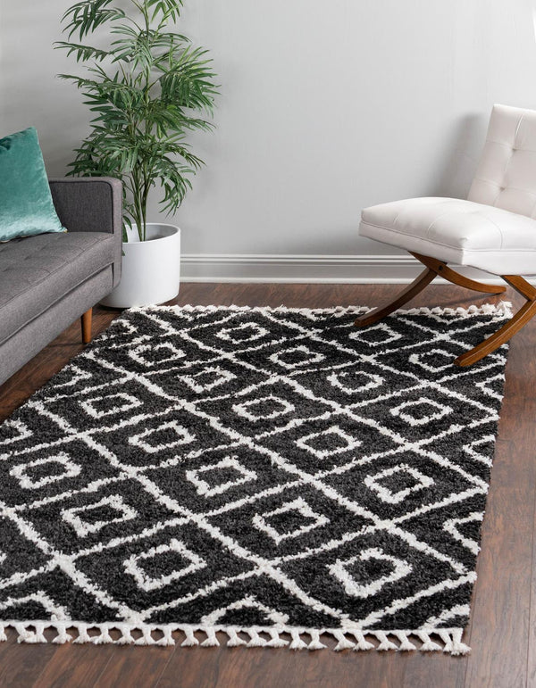 Unique Loom Hygge Shag Diamond Machine Made Geometric Rug Black and White,  9' 0" x 12' 2"