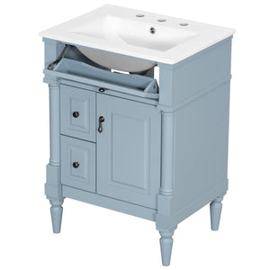 English Elm 24 Inch Freestanding Vanity with Ceramic Sink Rubberwood Frame Matte Finish Storage Blue+Grey N725P356058E