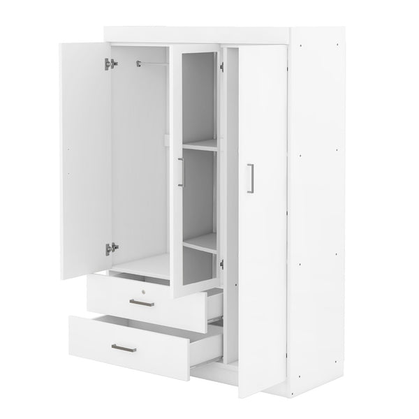 English Elm 3-door Wardrobe with Full Length Mirror Lockable Drawer and Bedroom Shelf Storage White LP006601AAK
