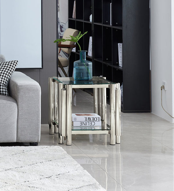 English Elm 20 Inch Square End Table, Modern Silver Stainless Steel & Glass Design With Storage For Home & Office W2978S00008