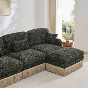 English Elm 100"comfy Chenille Leopard Print Sectional Sofa with Tassel Trim and Movable Ottoman Green W5656S00032