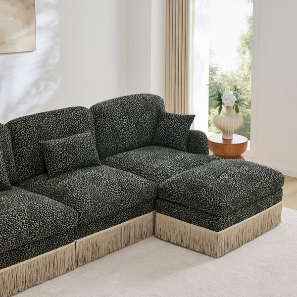 English Elm 131"comfy Chenille Leopard Print U-shaped Sectional with Tassel Trim and Modular Ottomans Green W5656S00036