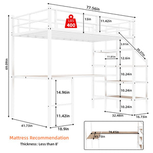 English Elm Loft Bed with L-shaped Desk Stair Storage and Full Guardrail Iron Frame White W1935S00008