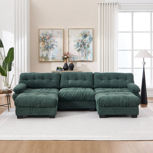 English Elm U Shaped Modular Cloud Sectional Deep Seat Flannelette Sofa with Rounded Bolster Armrests Green W2120S00039