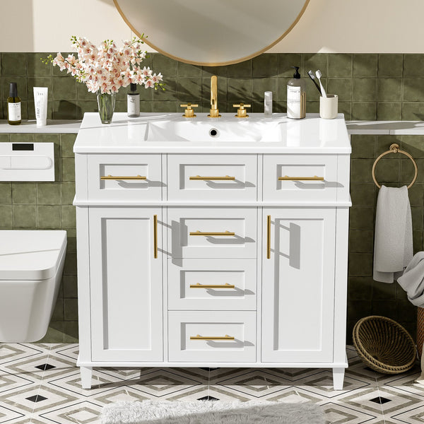 English Elm 36" White Bathroom Vanity Cabinet with Ceramic Sink, Gold Handles, Soft-Close Drawers & Adjustable Shelf N729P204177K