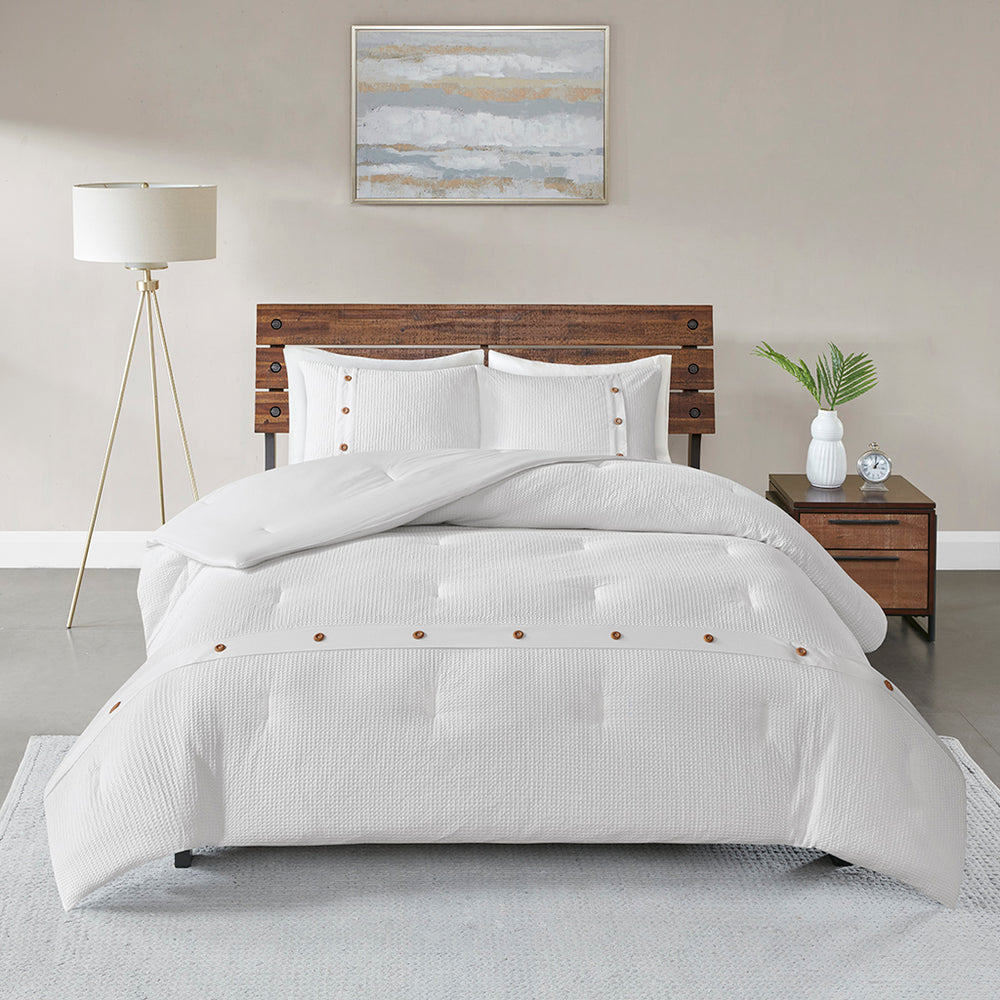 JLA Home Madison Park - 3 Cotton Waffle Weave Comforter Set with Decorative Wood Buttons, OEKO‑TEX Certified, Breathable Cotton 92 L x 104 W x 1.5H MP10-5625