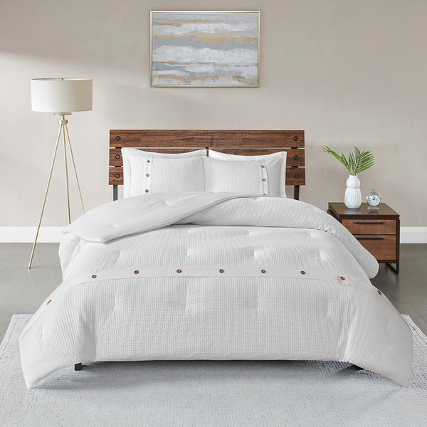 JLA Home Madison Park - 3 Cotton Waffle Weave Comforter Set with Decorative Wood Buttons, OEKO‑TEX Certified, Breathable Cotton 92 L x 104 W x 1.5H MP10-5625