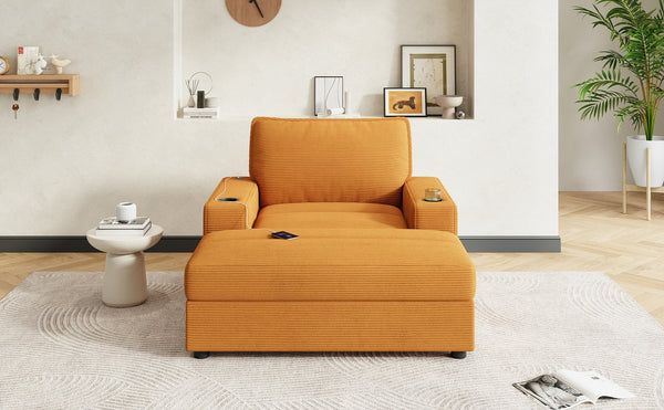 English Elm Christopher Knight Home® - 42.8" Oversized Chaise Lounge with Storage Ottoman, Corduroy Upholstery, USB Port & Cup Holders for Cozy Living Space Yellow N765P350851Y
