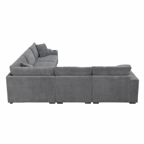 English Elm 104" Corduroy L-shaped Sectional with Usb Charging Armrest Storage and Cup Holders Gray N723S1187E