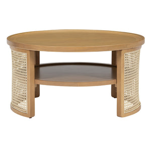 English Elm 2-Tiered Round Natural Wood Coffee Table with Rattan Storage Shelf, Thick Top, Curved Edge Design 31.3" N735P185131N