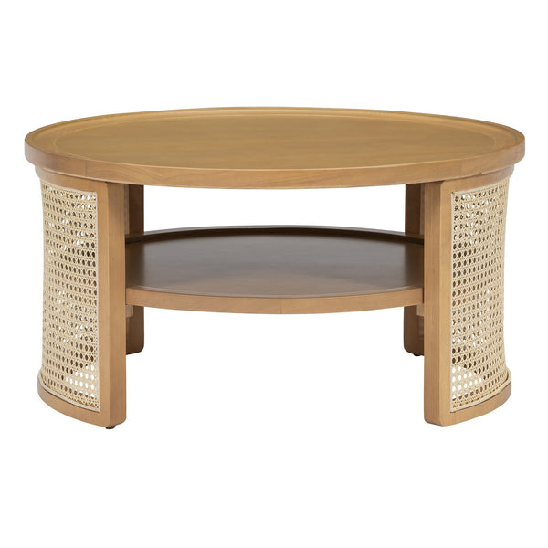 English Elm 2-Tiered Round Natural Wood Coffee Table with Rattan Storage Shelf, Thick Top, Curved Edge Design 31.3" N735P185131N