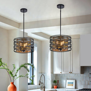 English Elm 13" Rustic Industrial Pendant Light - 3-Light Black & Walnut Metal Cage Chandelier with Wood Accents for Kitchen Island Dining Room Modern Farmhouse W2312P368683