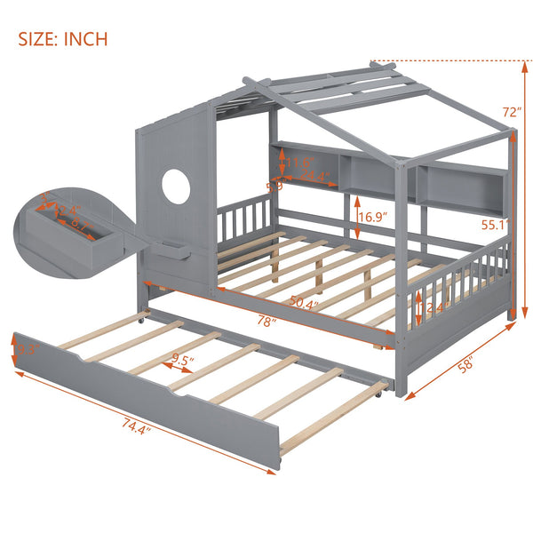 English Elm Wooden Full Size House Bed with Trundle and Built-In Shelves — Modern Pine Frame, Whimsical Roof Design Gray 57.2 L x 16.25 W x 5.9 H N733S316125E
