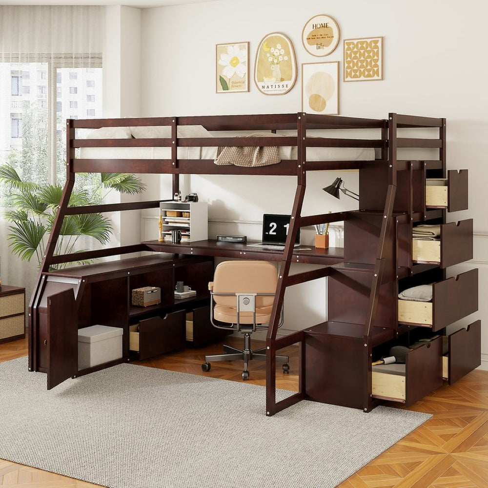 English Elm Full Size Kids Loft Bed with Integrated Desk Seven Drawers and Open Shelving Espresso LT000649AAP-1