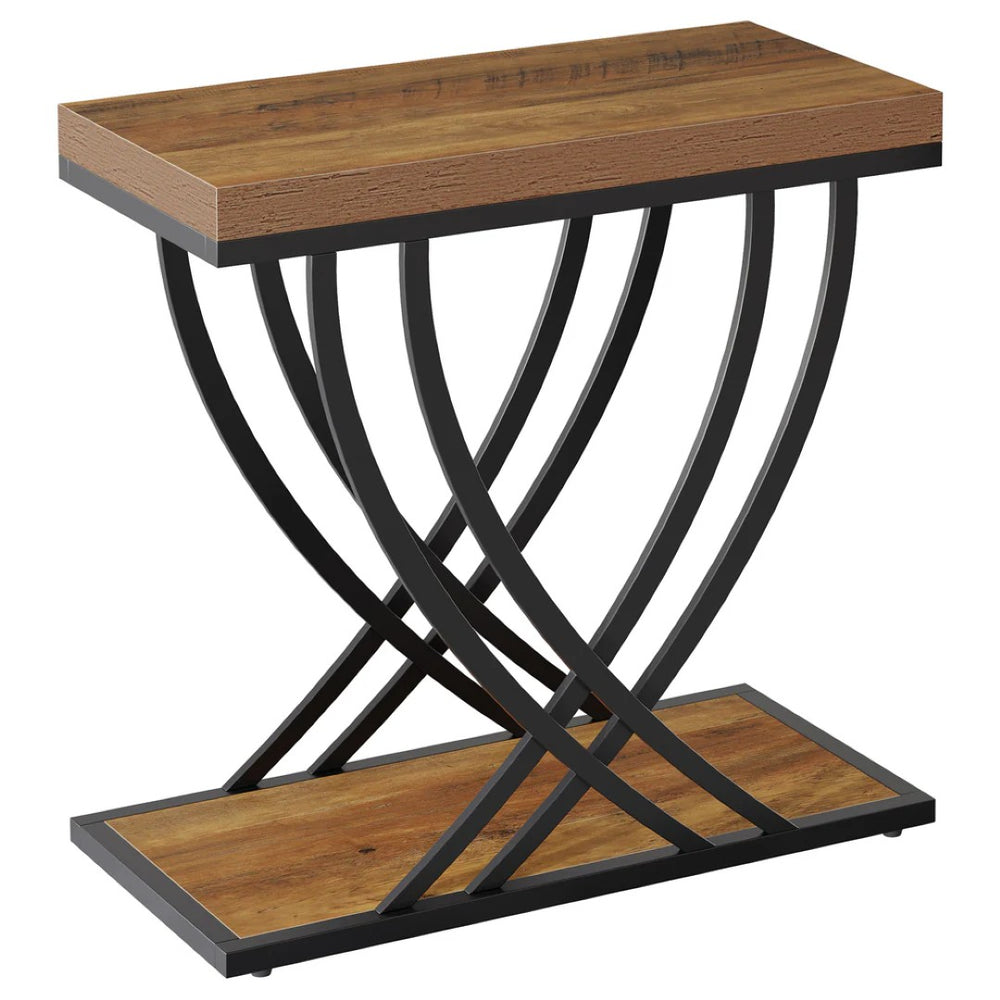 English Elm Modern Two Tier End Table Black Metal Frame Wood Grain Surface for Living Room T3971P456427
