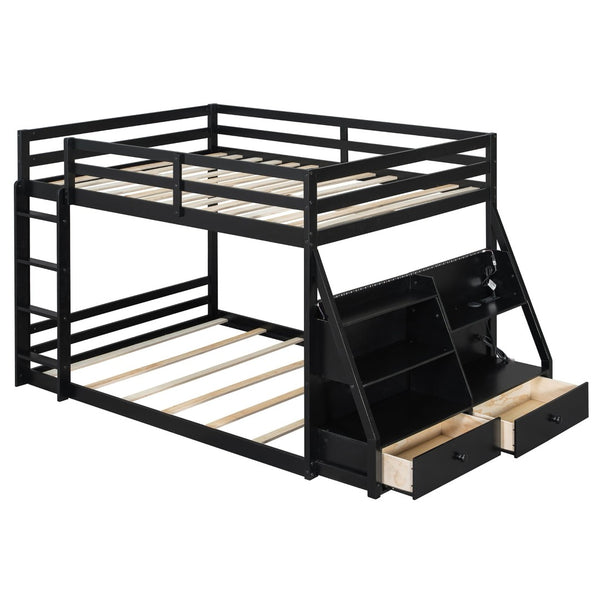 English Elm Full Bunk Bed with App Led Lighting Usb Charging Storage Drawers Kids Bedroom Black N820S00080B