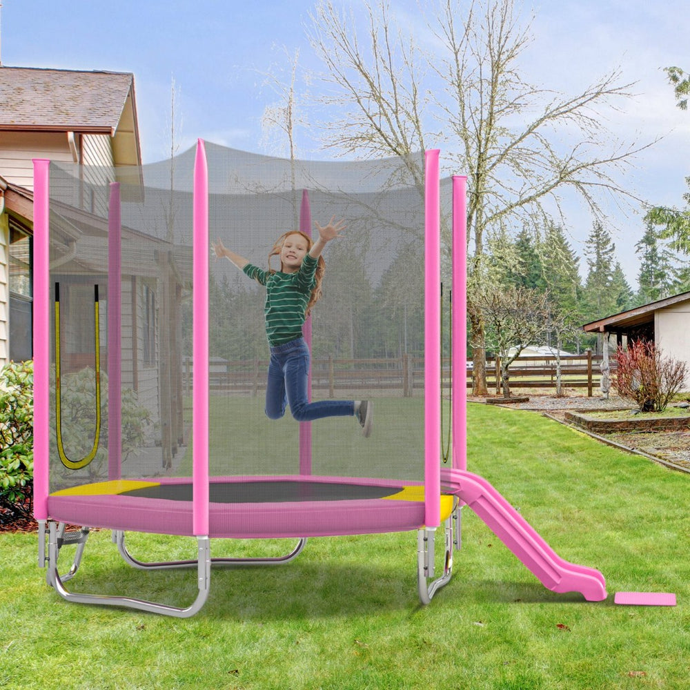 English Elm 7ft Hexagonal Kids Outdoor Trampoline with Enclosure Net Slide and Ladder Pink N739P272805P