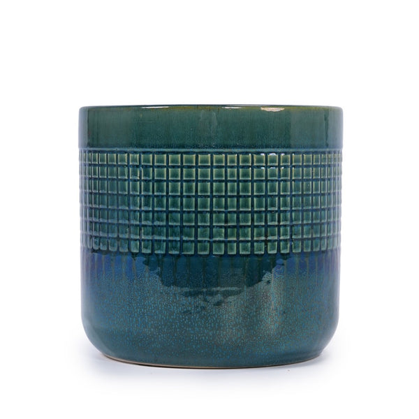 English Elm Set Of 3 Handcrafted Grid Ceramic Planters - Modern Blue-Green Flowerpots For Home & Garden Decor W3273P322259-GIGA