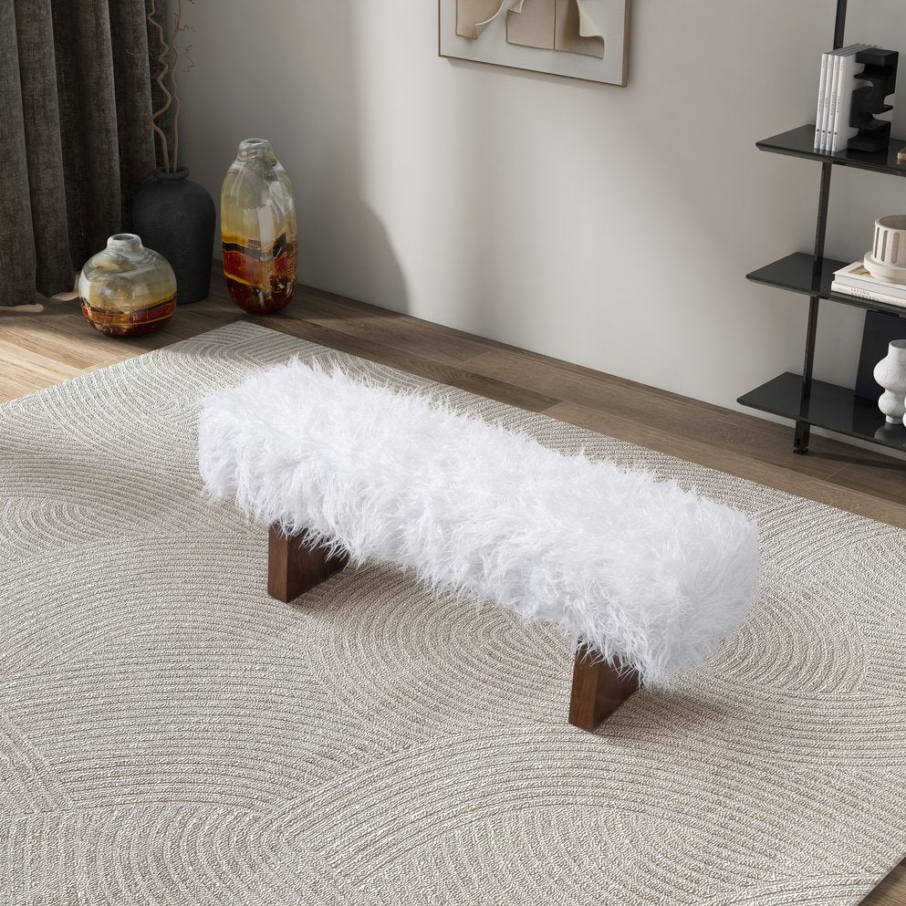 English Elm Ashcroft Furniture - Henley Faux Fur Bench Ottoman in White Khaki with Walnut Frame — Kid & Pet Friendly, Easy-Clean Luxurious Seating B183P255211