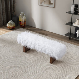 English Elm Ashcroft Furniture - Henley Faux Fur Bench Ottoman in White Khaki with Walnut Frame — Kid & Pet Friendly, Easy-Clean Luxurious Seating B183P255211