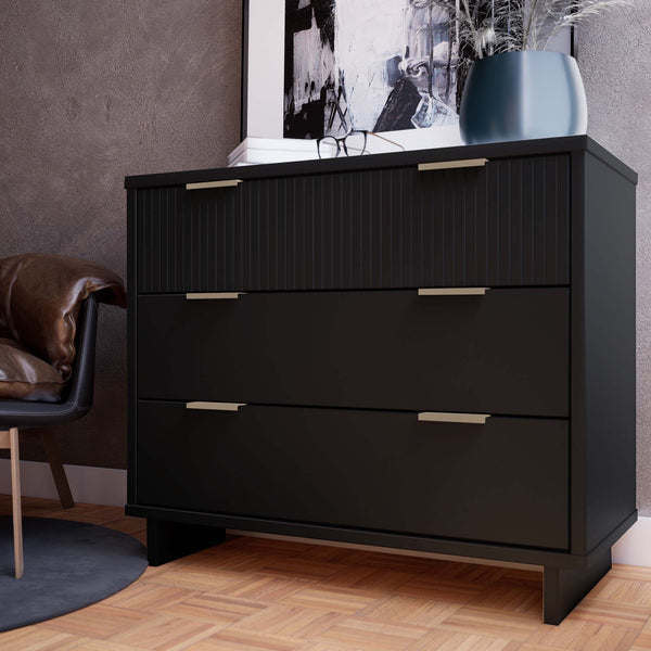 English Elm Granville 38" Dresser In Black - Elegant Solid Wood Design With 3 Drawers & Glam Gold Accents B365S00075