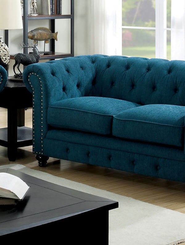English Elm Contemporary Button-Tufted Loveseat with Nailhead Trim and Rolled Arms in Leatherette, Chic Design Teal 68 L x 30 W x 38 H B2741P322612