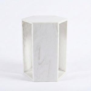 English Elm Genuine Solid Marble Hexagonal Pedestal End Table Polished Stone for Modern Living White W1696P407996