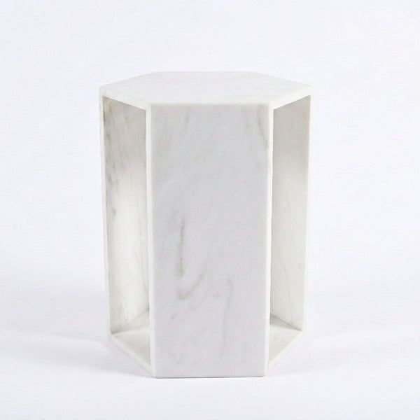 English Elm Genuine Solid Marble Hexagonal Pedestal End Table Polished Stone for Modern Living White W1696P407996