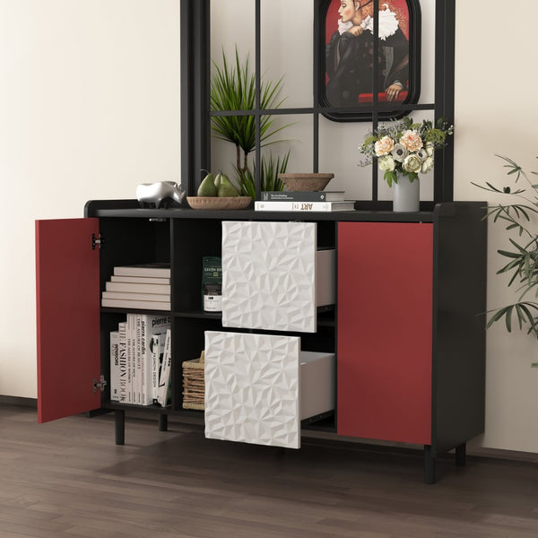 English Elm Sideboard Buffet Cabinet - Modern Black & Red Storage Solution With Drawers & Open Shelves For Style W409P176598-GIGA