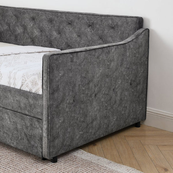 English Elm Twin Linen Tufted Daybed with Pop up Trundle and Usb Port for Guest Rooms Grey W1413S00128