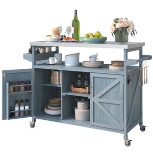 English Elm K&K Outdoor Kitchen Island Rolling Bar Cart with 1.2" Stainless Steel Top, Ample Storage, Wheels and Spice Rack Grey+Blue WF532198AAG