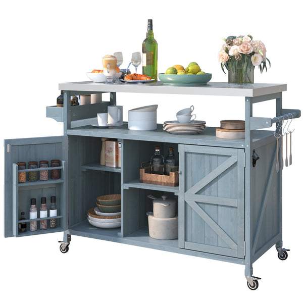 English Elm K&K Outdoor Kitchen Island Rolling Bar Cart with 1.2" Stainless Steel Top, Ample Storage, Wheels and Spice Rack Grey+Blue WF532198AAG