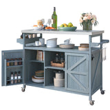 English Elm K&K Outdoor Kitchen Island, Rolling Bar Cart & Storage Cabinet, Farmhouse Solid Wood Outdoor Grill Table With Stainless Steel Top, Spice Rack , Towel Rack For Kitchen & Bbq , Grey Blue