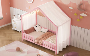 English Elm Montessori House Bed Frame Twin with Canopy & Full Guardrails, Cozy Kids Platform Bed for Toddlers Pink 81.5 L x 16 W x 6.6 H N733P356043H