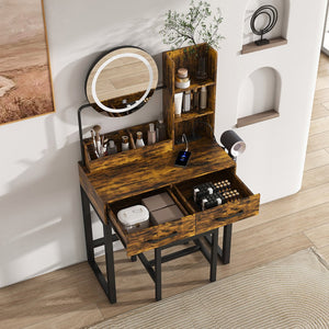 English Elm Makeup Vanity Table with LED Lights, Built-In Outlet & USB, Large Drawers, Hair Dryer Stand Brown W509P297015
