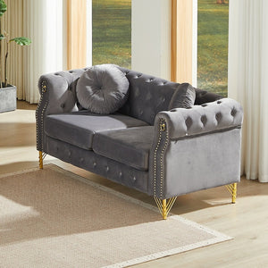 English Elm 60.5-inch Crushed Velvet Chesterfield Sofa Tufted Button Design with Copper Stud Trim Grey W834S00621