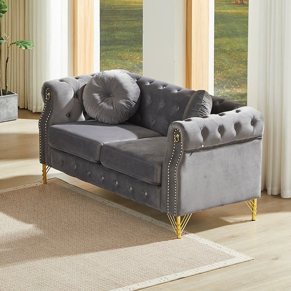 English Elm 60.5-inch Crushed Velvet Chesterfield Sofa Tufted Button Design with Copper Stud Trim Grey W834S00621