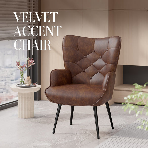 English Elm Elegant Upholstered Chair Ergonomic Wing-Back Armchair with PU Leather, Metal Legs, 150kg Capacity Brown T3950P394352