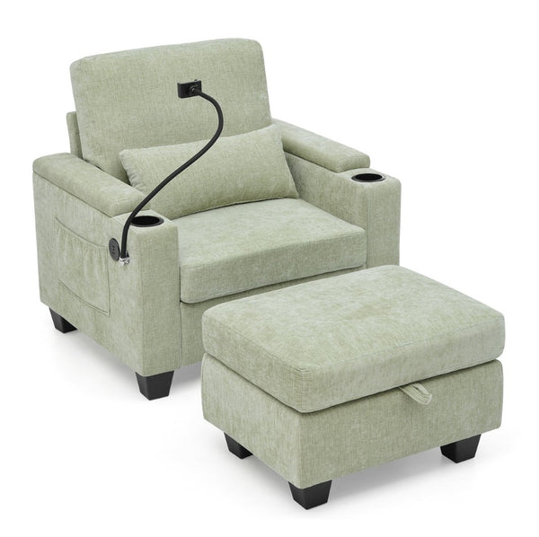 English Elm Single Chenille Manual Recliner with Usb Port Hidden Storage Ottoman and Cup Holders Cyan W487P423654